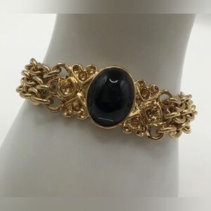 JEWEL MINT GOLDTONE MULTI CHAIN LARGE GREEN CABOCHON  VICTORIAN CLASP BRACELET